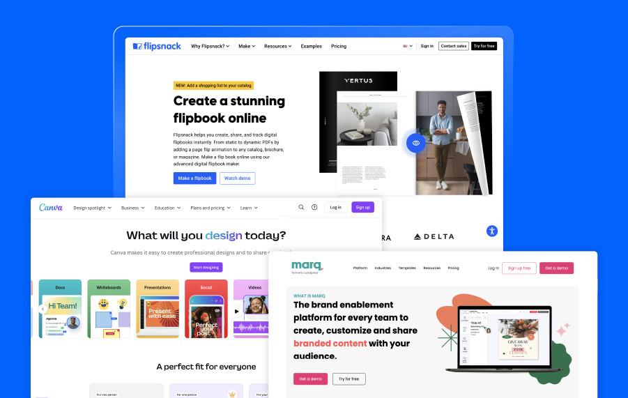 Visual representation for different digital catalog making software including Flipsnack, Canva and Marq