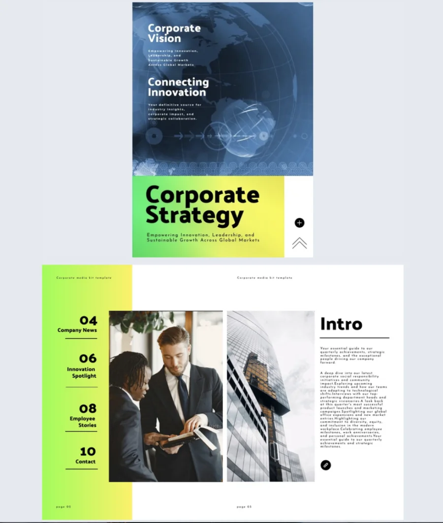 Corporate magazine template with a blue strategy cover, contents page and company introduction spread