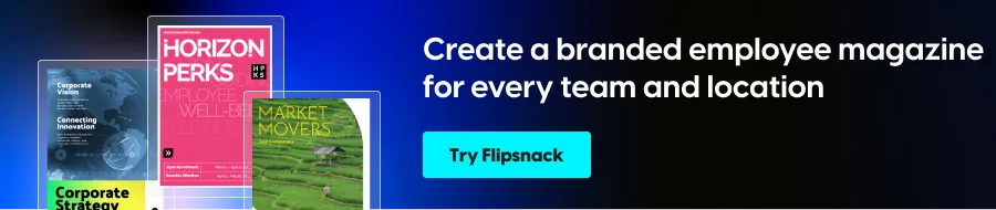 Digital employee magazine banner with three branded templates and a Try Flipsnack call to action