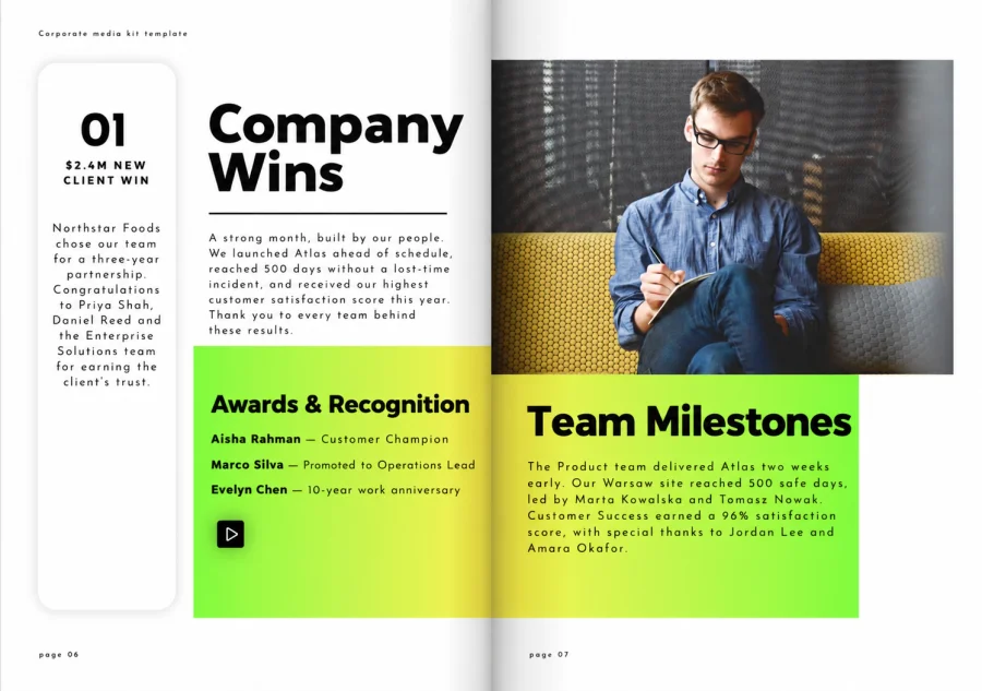 Digital employee magazine spread highlighting company wins, awards, promotions, work anniversaries and team milestones