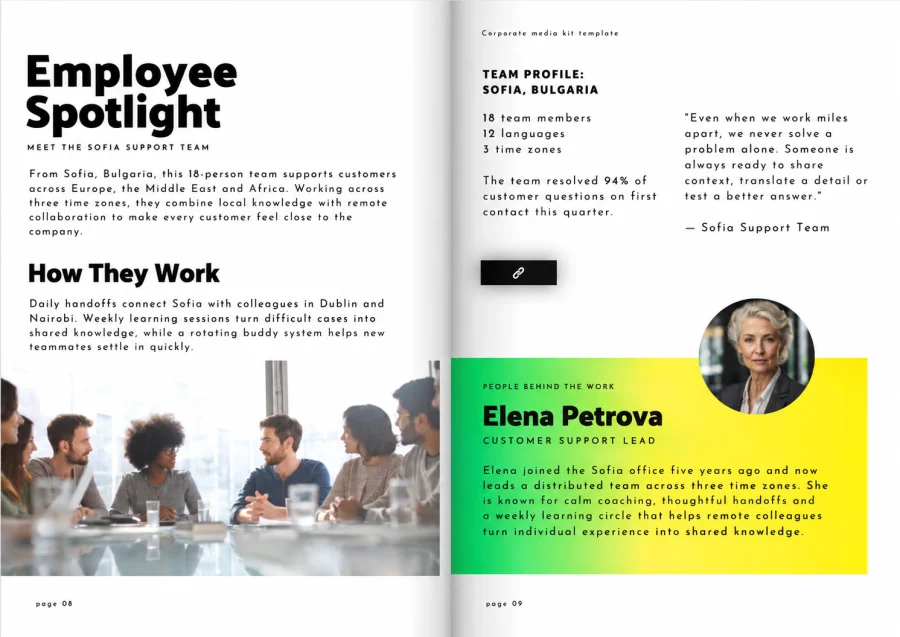 Digital employee magazine spread spotlighting the Sofia customer support team and remote team leader Elena Petrova