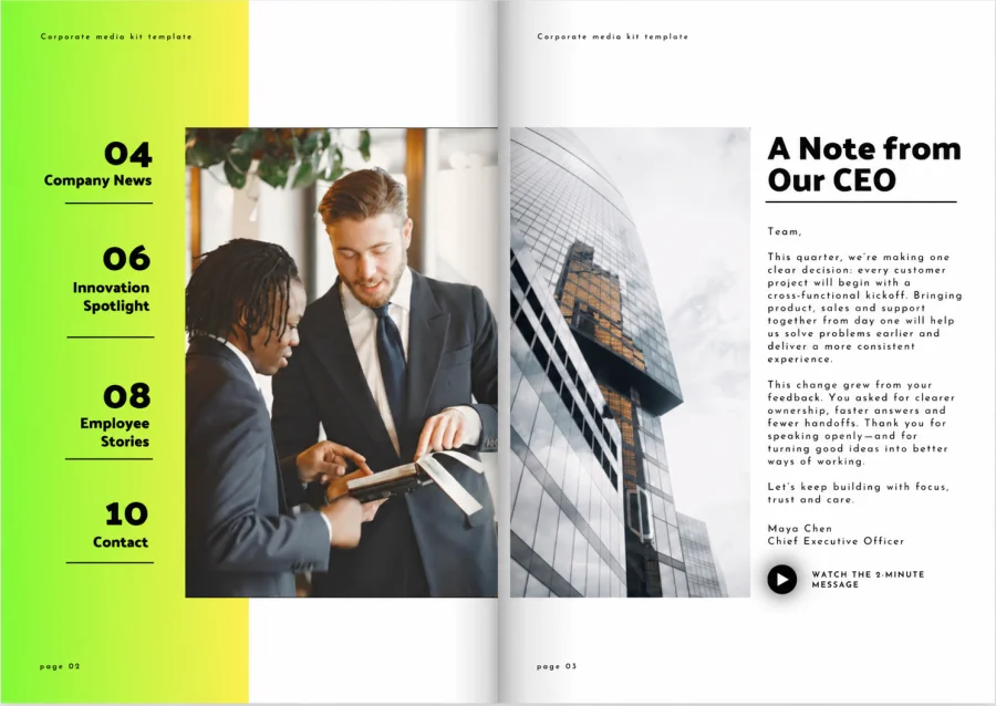 Digital staff magazine opening spread with a contents page, employee photo and CEO video message