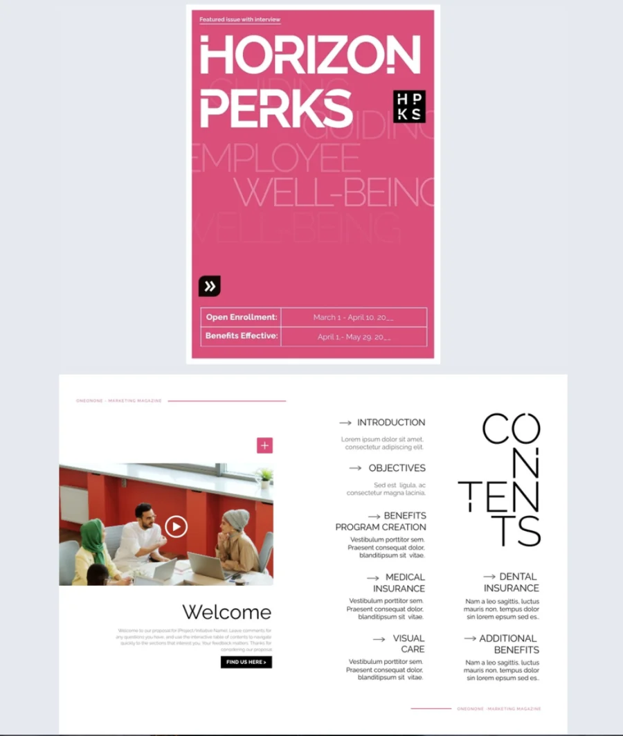 Interactive employee benefits magazine template with a pink cover, welcome page and benefits contents page