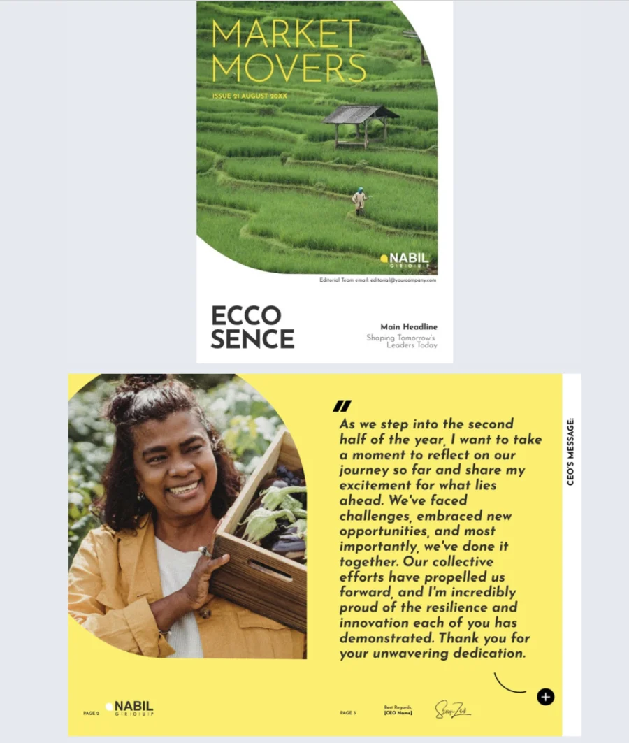 Online company magazine template with a Market Movers cover and yellow CEO message spread