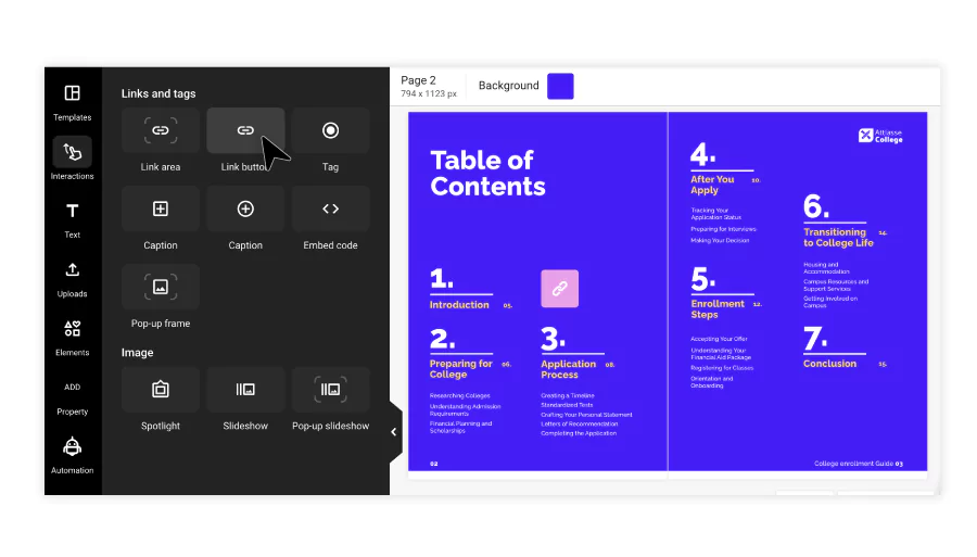 Interactive elements available in Flipsnack's Design Studio