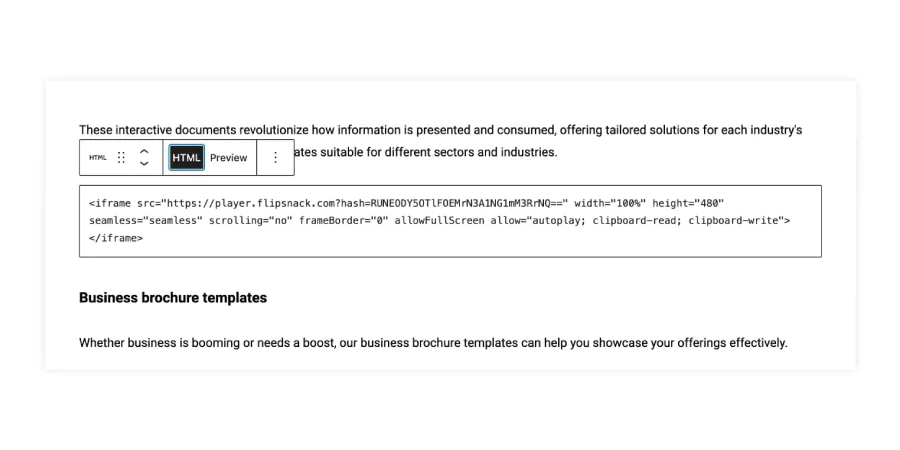 Flipbook embed code in WordPress block