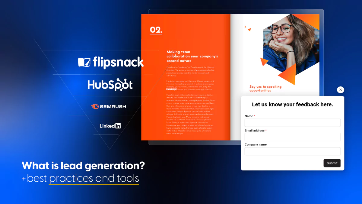 Lead generation tools and best practices featuring Flipsnack, HubSpot, SEMrush, and LinkedIn, with an interactive content example and feedback form