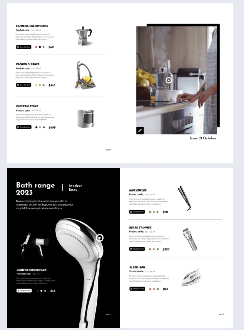  interactive home appliances wholesale catalog is packed with elements that attract attention and engage with interested buyers effortlessly. Include a shopping list to your catalog to enable customers easy access to your products by adding them to a list. 