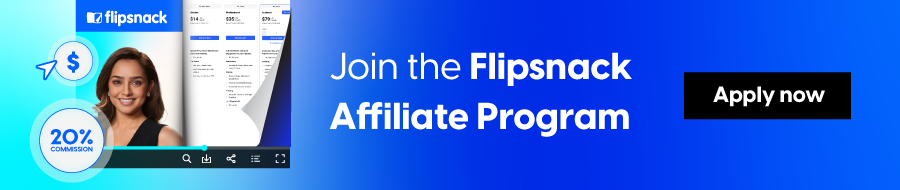 Promotional banner for Flipsnack Affiliate Program featuring a 20% commission badge, and a call-to-action: 'Apply now.'