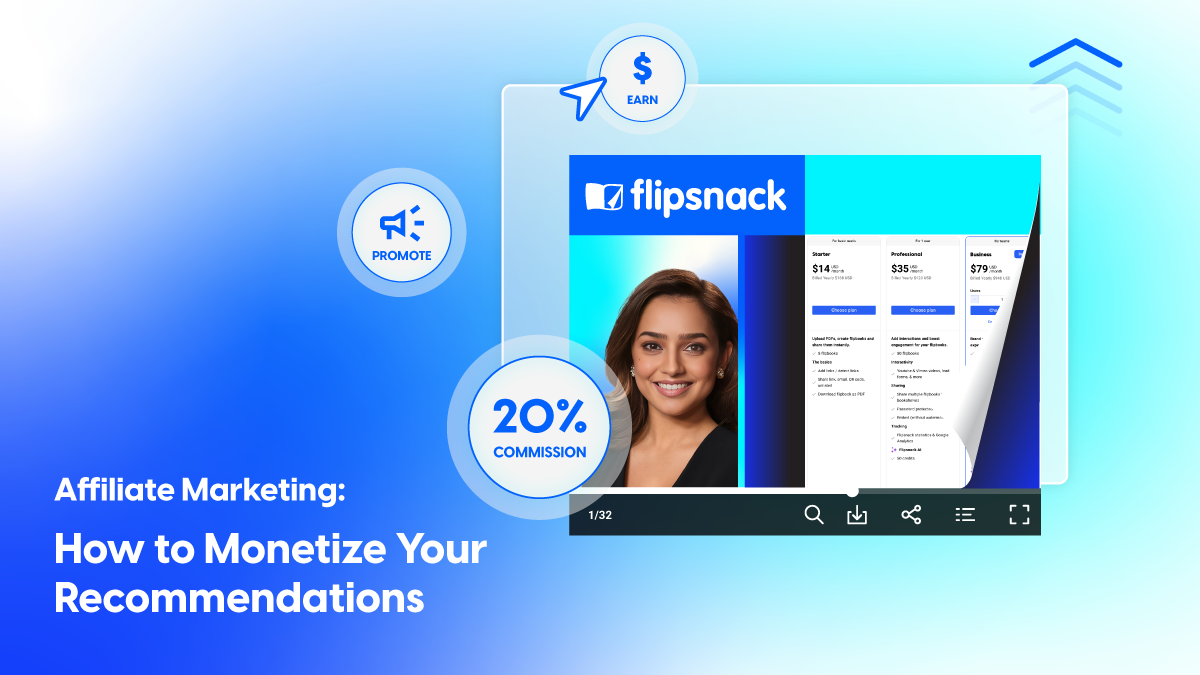 Flipsnack Affiliate Marketing visual promoting a 20% commission. The image features a smiling person, icons for promoting and earning, and the text 'Affiliate Marketing: How to Monetize Your Recommendations.' The focus is on monetization and affiliate benefits.