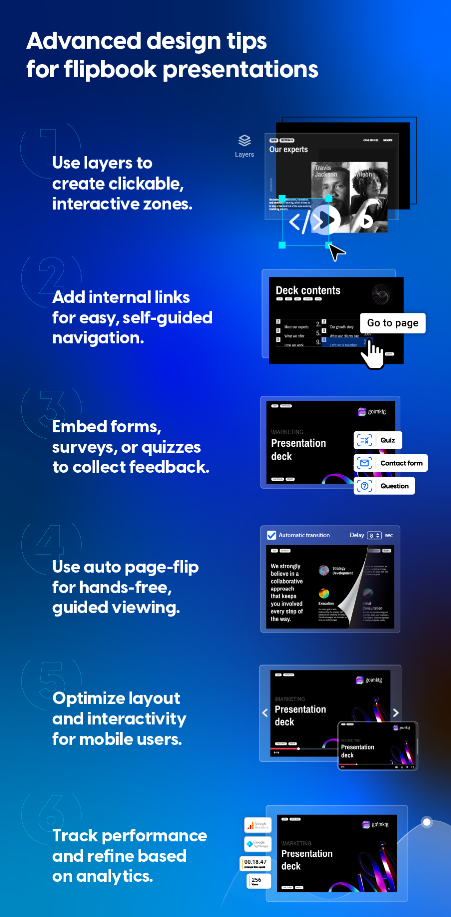 Advanced design tips for flipbook presentations infographic created by Flipsnack