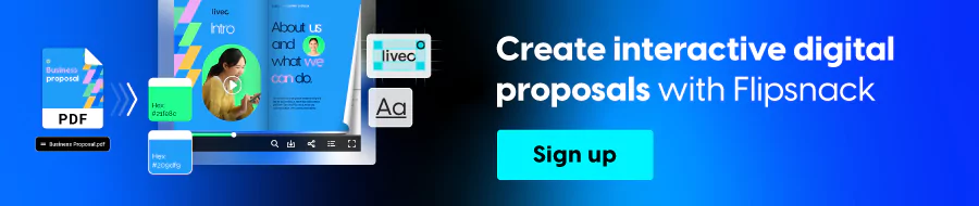 banner for creating interactive digital proposals with Flipsnack, button with text "Sign up"