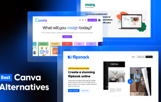 A collage of website screenshots from Canva, Flipsnack, and Marq (formerly Lucidpress) displayed on a dark-blue gradient background, with text reading ‘Best Canva Alternatives.