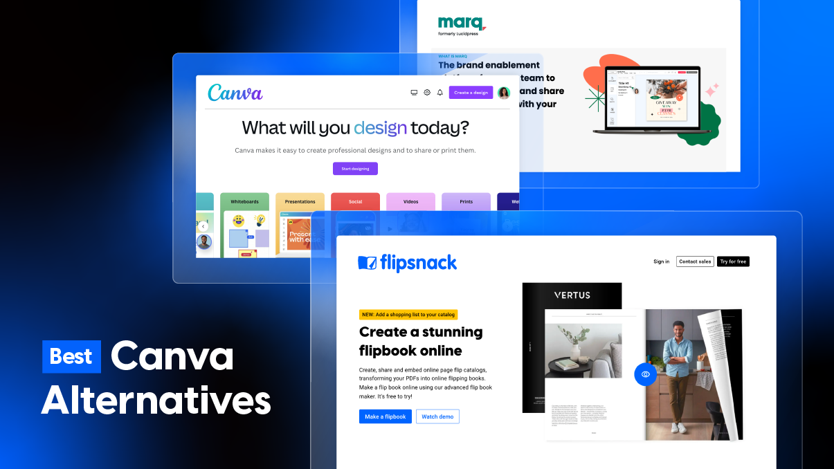 A collage of website screenshots from Canva, Flipsnack, and Marq (formerly Lucidpress) displayed on a dark-blue gradient background, with text reading ‘Best Canva Alternatives.