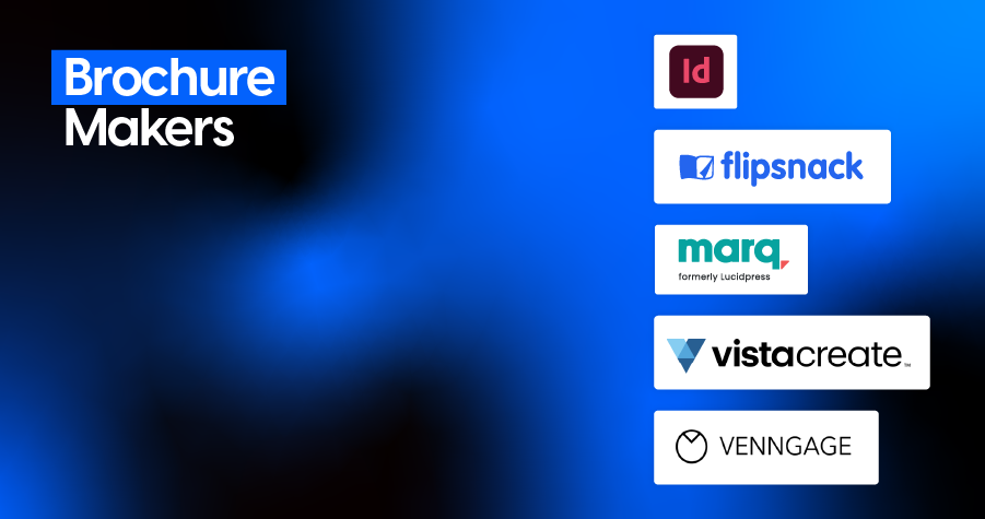 A dark-blue gradient background with the text ‘Brochure Makers’ on the left, and logos for the best Canva alternatives for brochure makers on the right.