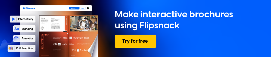 Flipsnack banner ad with a digital Flipbook, promoting interactive brochures. Features: Interactivity, Branding, Analytics, Collaboration.