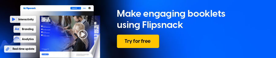 Flipsnack banner ad showcasing digital booklets. Features: Interactivity, Branding, Analytics, Real-time updates. CTA: "Try for free."