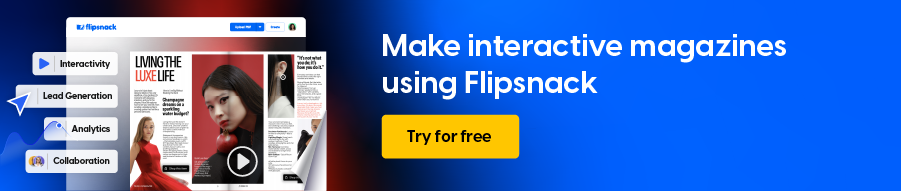 Flipsnack banner ad promoting interactive magazines. Features: Interactivity, Lead Generation, Analytics, Collaboration. CTA: "Try for free."