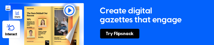 banner for creating digital gazettes that engage, call to action is Try Flipsnack