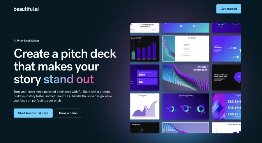 Beautiful.ai pitch deck software page showing Smart Slides that adjust layout automatically