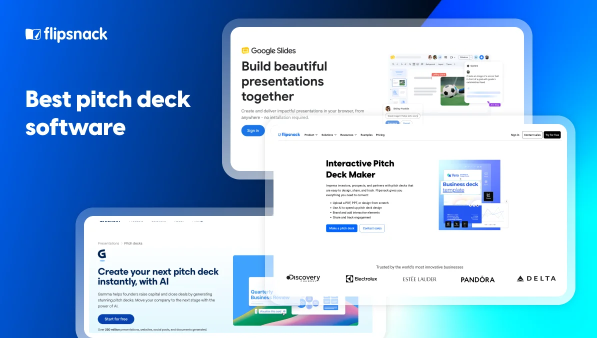Pitch deck software comparison showing the Flipsnack, Google Slides and Gamma pitch deck builders