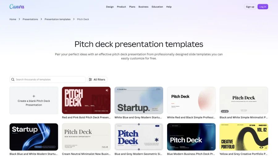 Canva pitch deck template gallery with customizable presentation layouts