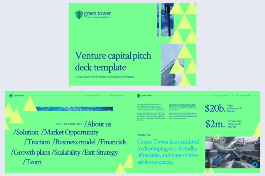 Venture capital pitch deck template showing the cover, contents and market opportunity pages with TAM and SOM figures