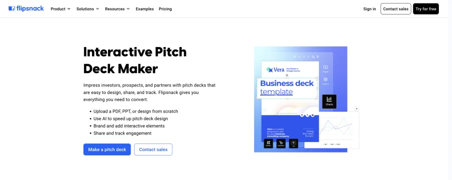 Flipsnack interactive pitch deck maker page showing design, sharing and tracking features