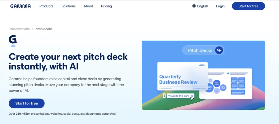 Gamma landing page offering AI-generated pitch decks created from a prompt