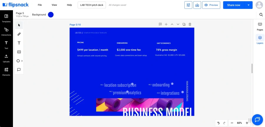 Business model slide showing pricing per location, onboarding fee and gross margin