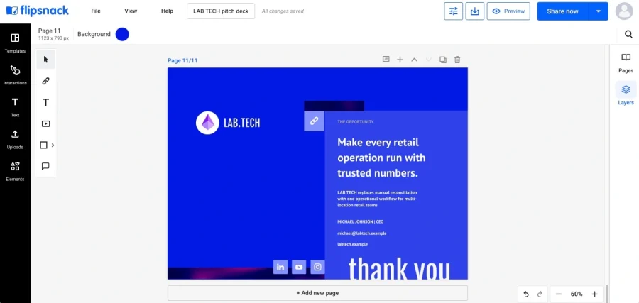 Closing slide with a one-line mission statement, founder contact details and social links