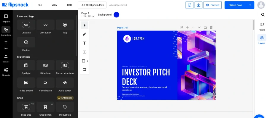 Pitch deck cover slide showing company logo, one-line description and seed round details