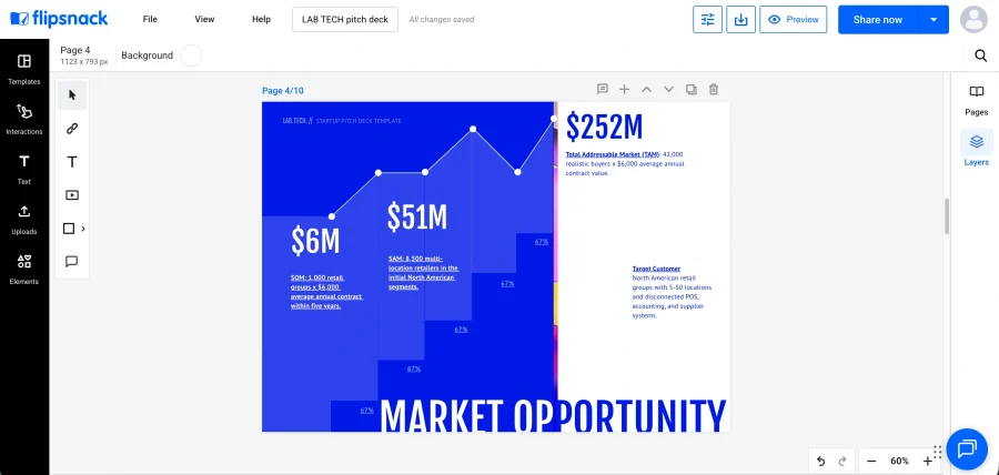 Market opportunity slide showing bottom-up TAM, SAM and SOM with visible assumptions