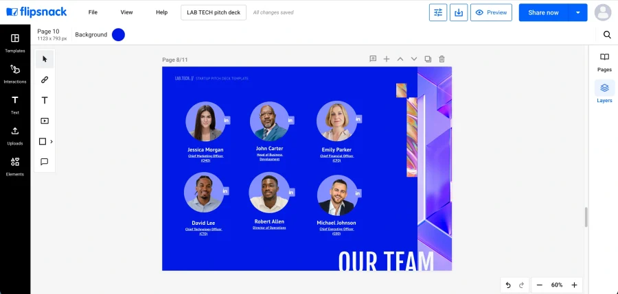 Team slide introducing six founders and operators with roles and LinkedIn links