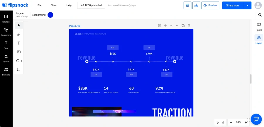 Traction slide charting monthly revenue growth alongside retention and customer counts