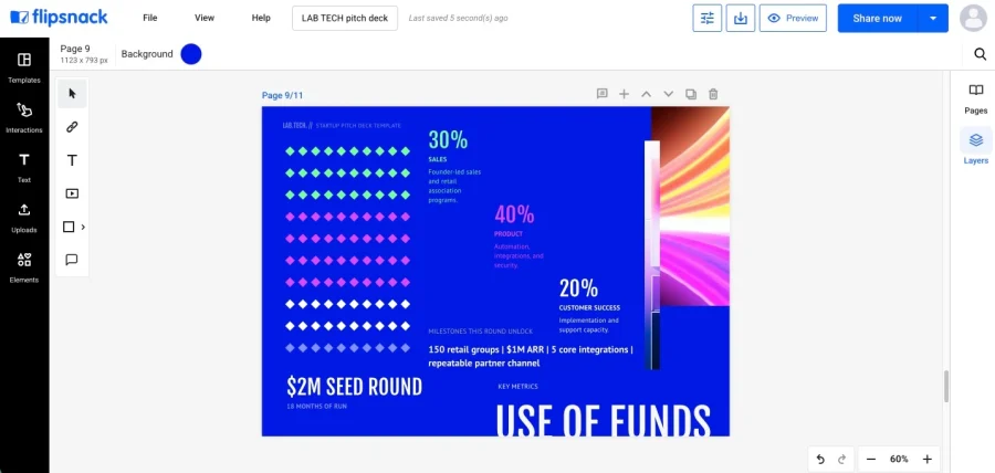 Use of funds slide breaking a seed round into sales, product and customer success