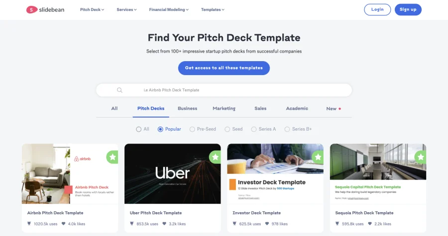 Slidebean pitch deck builder page with fundraising-focused templates for startups