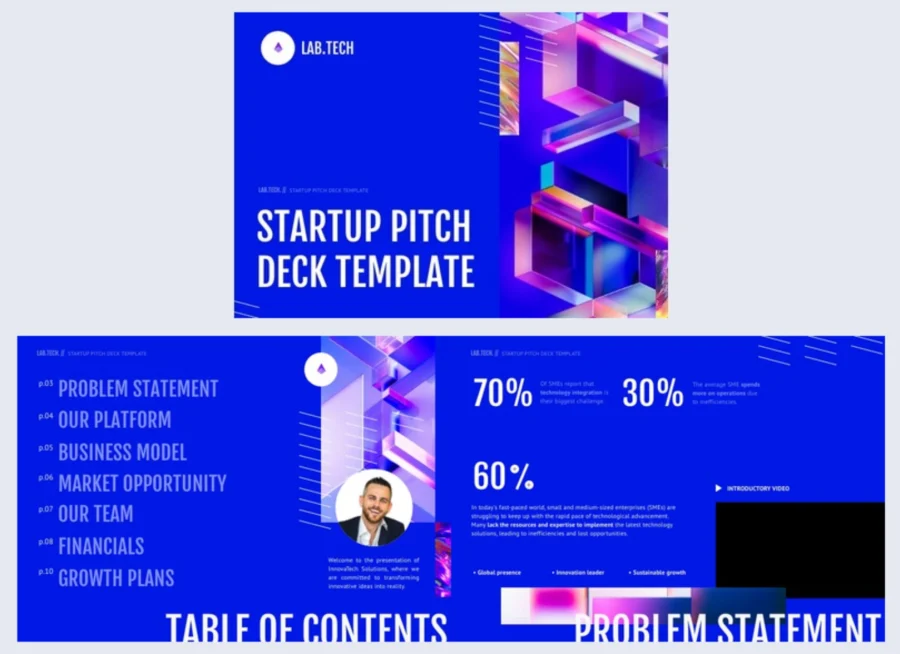 Startup pitch deck template showing the cover, table of contents and problem statement pages