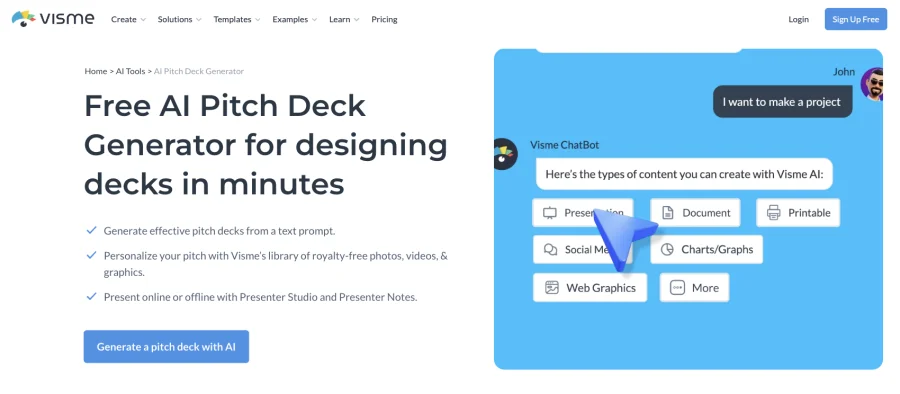 Visme presentation and data visualization platform showing chart and infographic tools