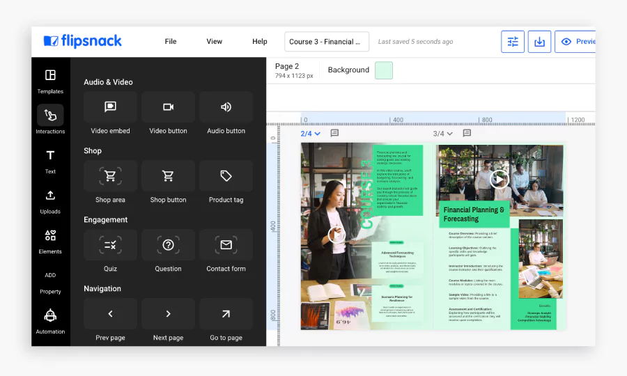 Flipsnack's Design Studio full of interactive elements like videos, quizzes, contact forms