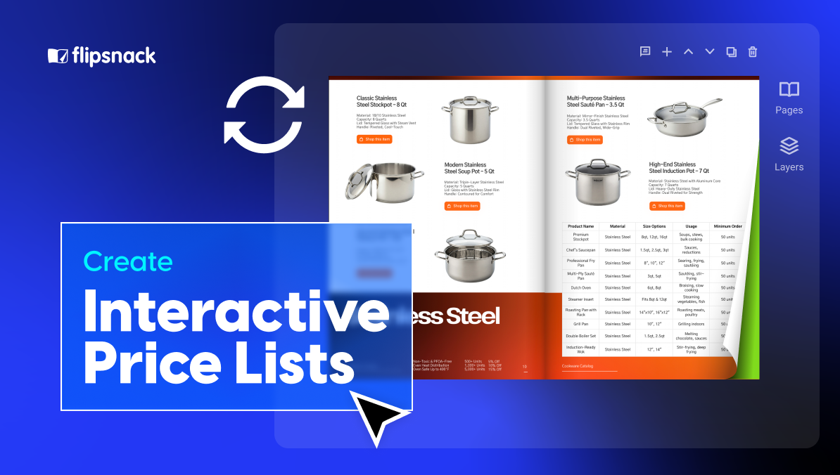 A visual of interactive price lists that update in real time using Flipsnack