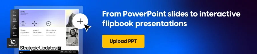 From powerpoint slides to interactive flipbook presentations
CTA: Upload PPT
