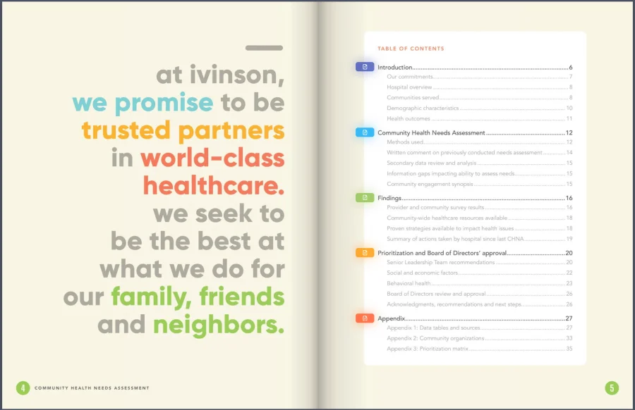 Table of contents page from a community health needs assessment report, listing sections from introduction to appendix with page numbers