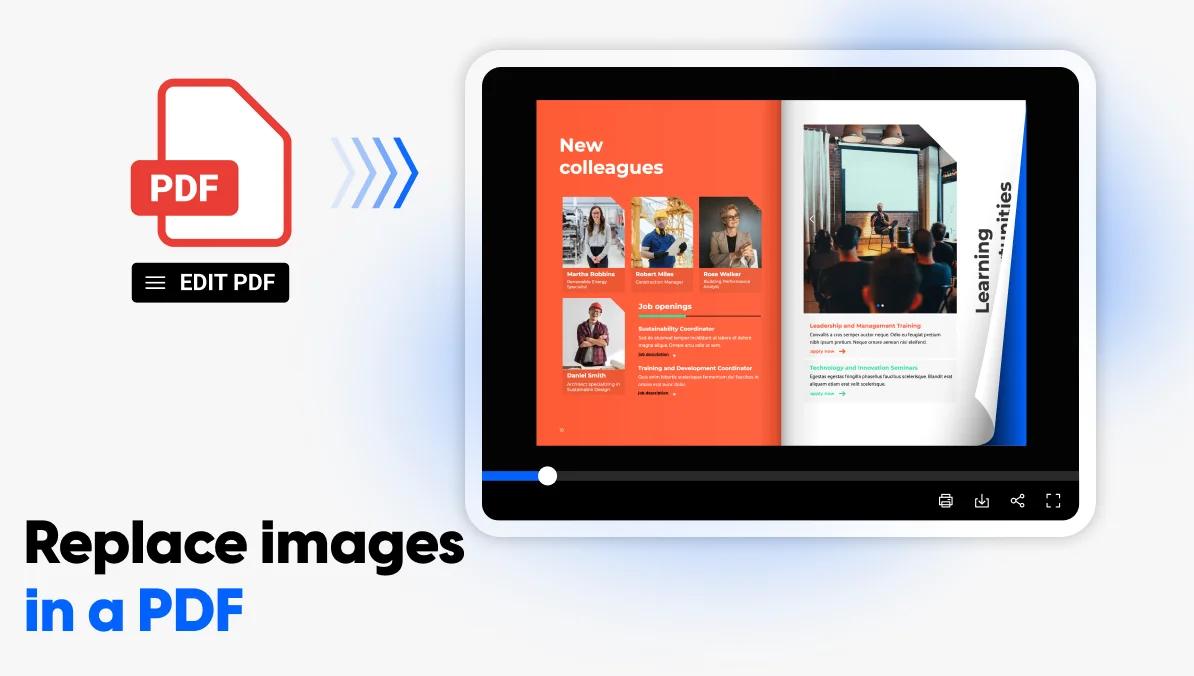 Illustration of a PDF with an Edit PDF button turning into a flipbook, titled Replace images in a PDF