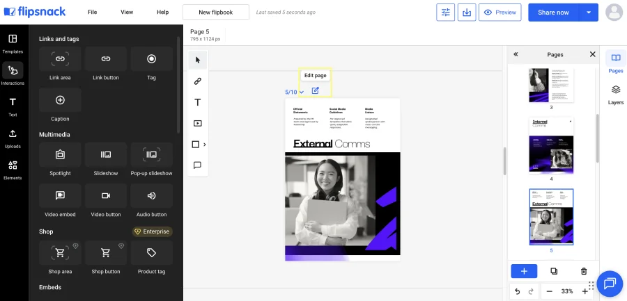 Edit page button highlighted in Flipsnack Design Studio to convert one PDF page and replace an image
