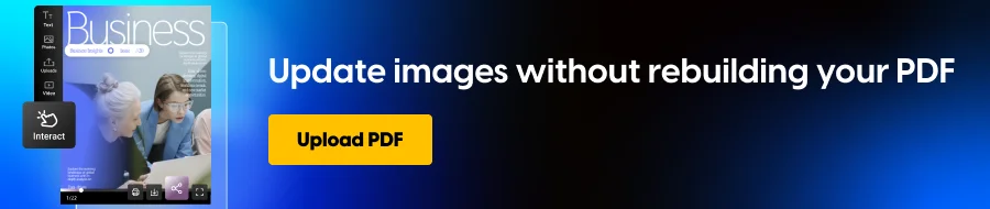 Flipsnack banner reading Update images without rebuilding your PDF, with an Upload PDF button