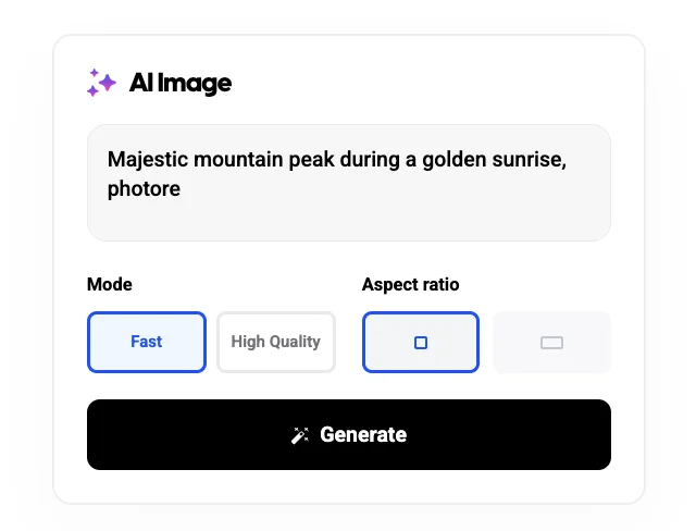 The AI Image panel with a text prompt entered and a generated image preview. Alt text: "AI Image panel generating a custom visual from a text prompt.