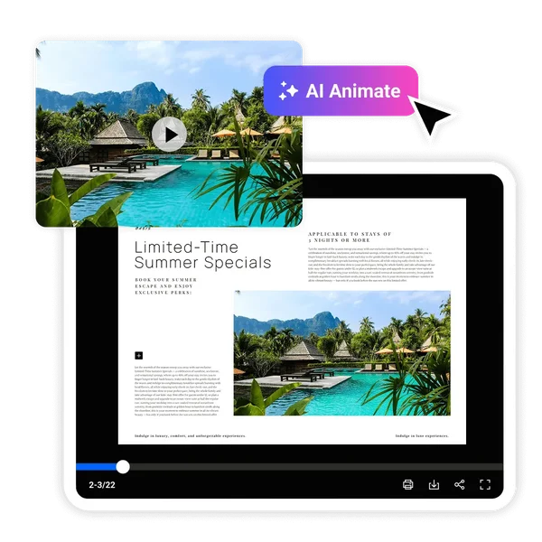 A product photo selected on a catalog page, with the Animate with AI option visible in the toolbar. Alt text: "Product photo selected in Design Studio, ready for AI Animate."