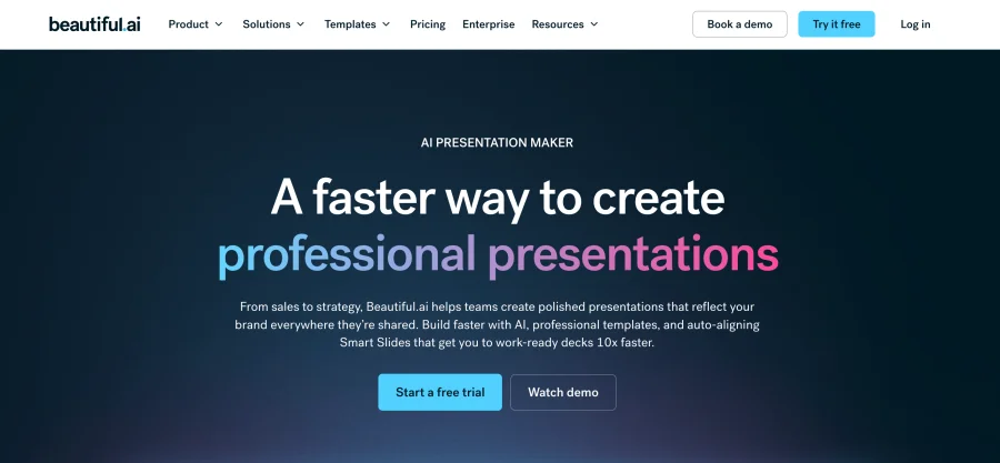 Beautiful.ai homepage describing its AI presentation maker and Smart Slides
