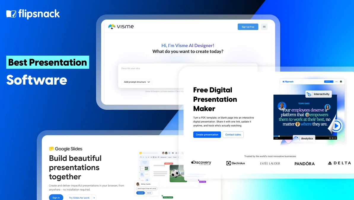 Best presentation software comparison featuring Visme, Flipsnack, and Google Slides.